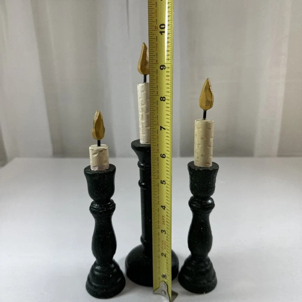 Set Of 3 Wooden Candlesticks. Dark Green/Black.‎ Vintage Country